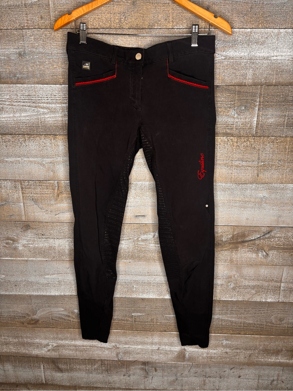 Equiline horseback equestrian riding show breeches red black grip knee patch